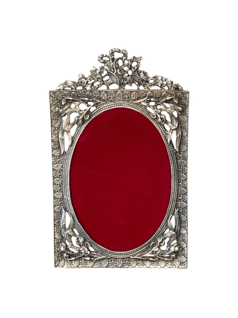 Vtg Pewter Picture Frame Ornate Filagree Floral Details Oval Inset Easel 3.5 x 5